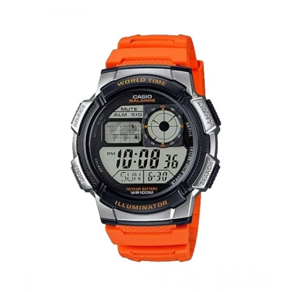 AE 1000W 4BVDF Casio Orange Resin Band 5 Alarms Chronograph World Time Timecheck