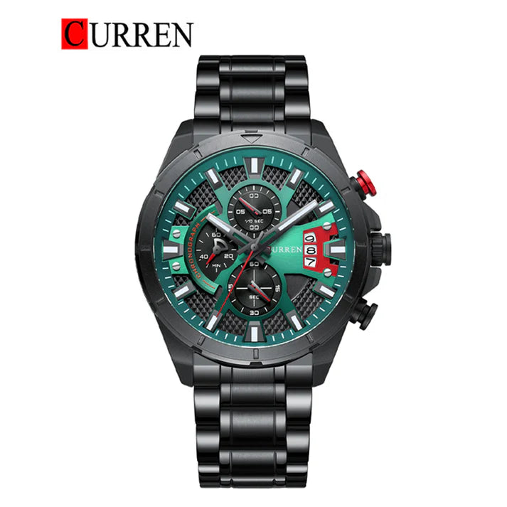 M:8401 Curren Classic Green Black Dial Black Stainless Steel Chain Chronograph Men's Watch.