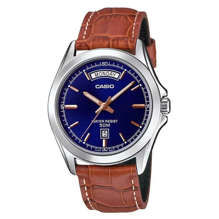 MTP-1370L-2AVDF Casio Blue Dial Brown Leather Strap Analog Quartz Men's Watch.