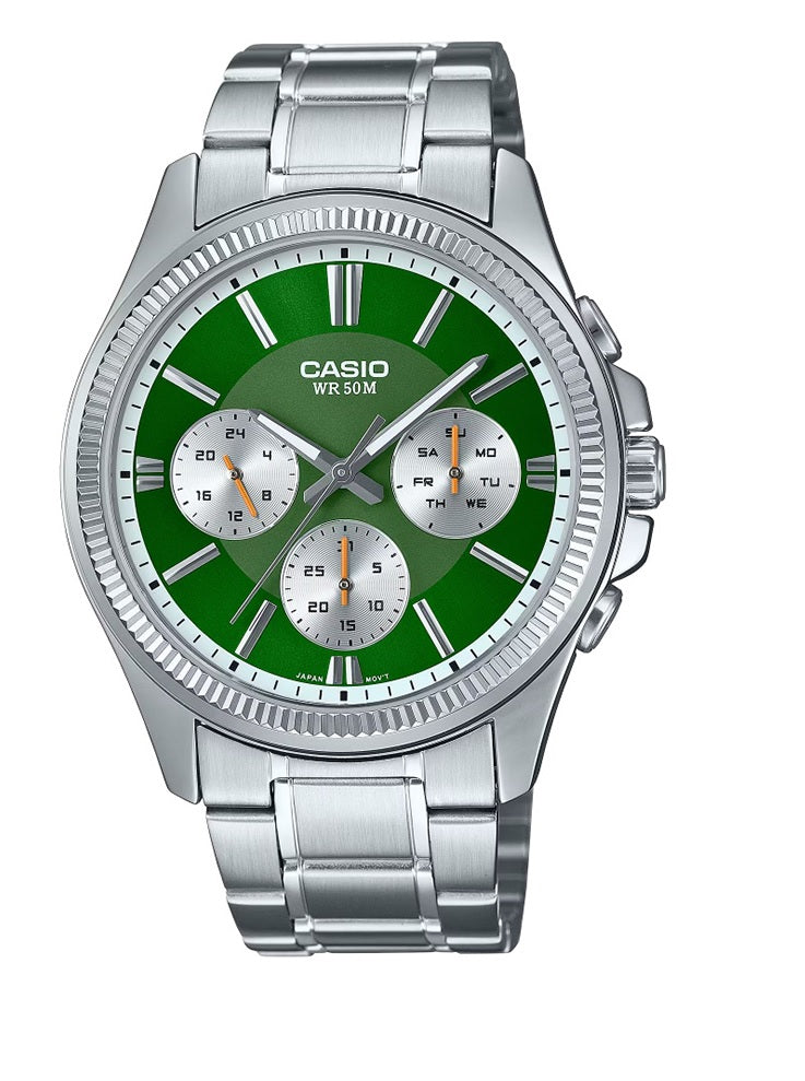 MTP-1375D-3AVDF Casio GREEN Dial 3 Dial Display Stainless Steel Analog Men's Watch.