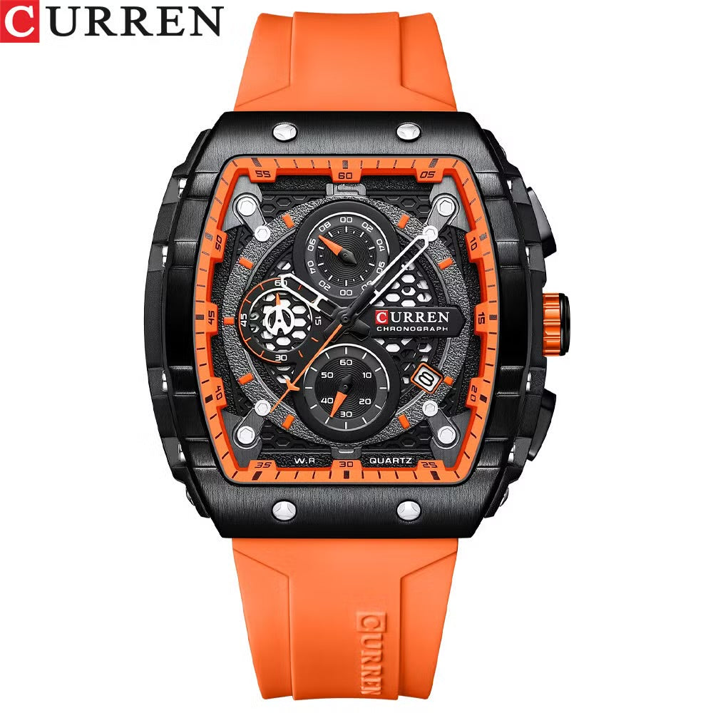 M:8442 Curren Black Dial orange Silicone Strap Chronograph Analog Quartz Men's Watch.