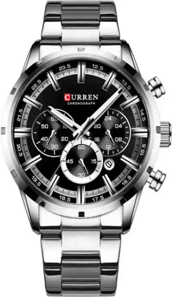 M:8355 Curren BLACK Dial Silver Stainless Steel Chain Chronograph Quartz Men's Watch. TIMECHECK