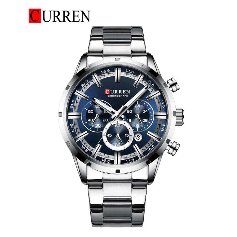 M:8355 Curren BLUE Dial Silver Stainless Steel Chain Chronograph Quartz Men's Watch. TIMECHECK