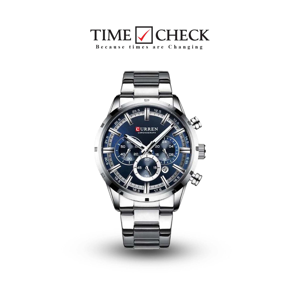 M:8355 Curren BLUE Dial Silver Stainless Steel Chain Chronograph Quartz Men's Watch. TIMECHECK