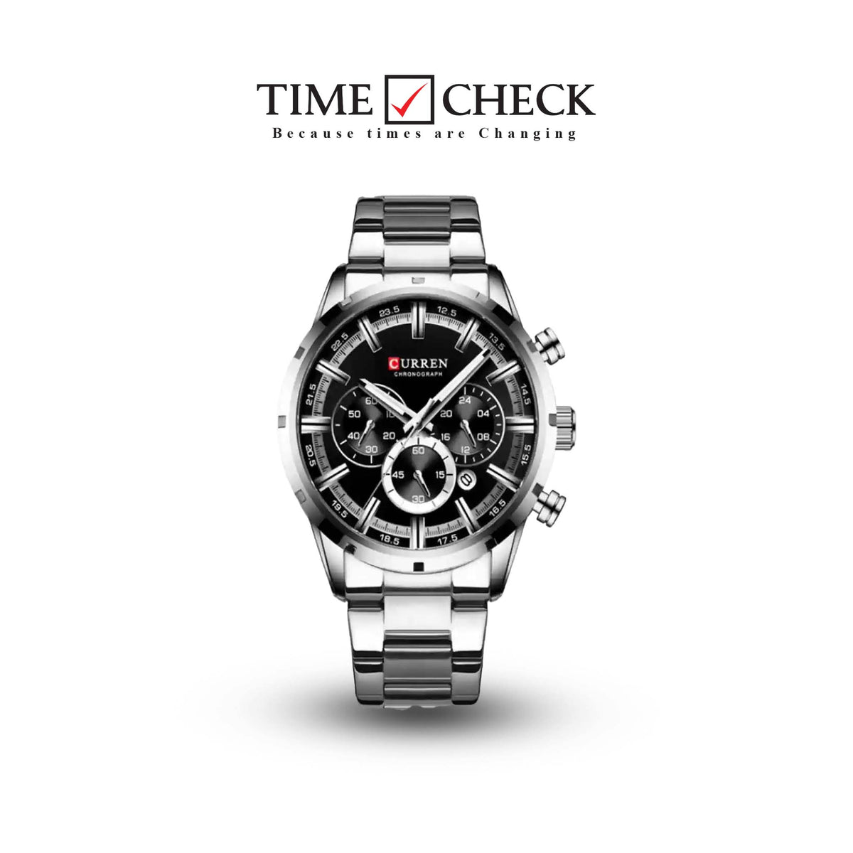 M:8355 Curren BLACK Dial Silver Stainless Steel Chain Chronograph Quartz Men's Watch. TIMECHECK