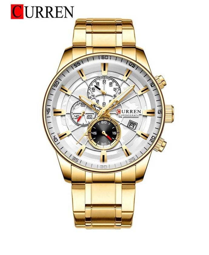 M_8362 Curren white Dial golden Stainless Steel Quartz Chronograph Men's Watch. TIMECHECK