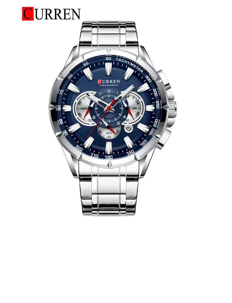 M:8363 Curren blue Dial Silver Stainless Steel Chronograph Analog Quartz Men's Watch. TIMECHECK