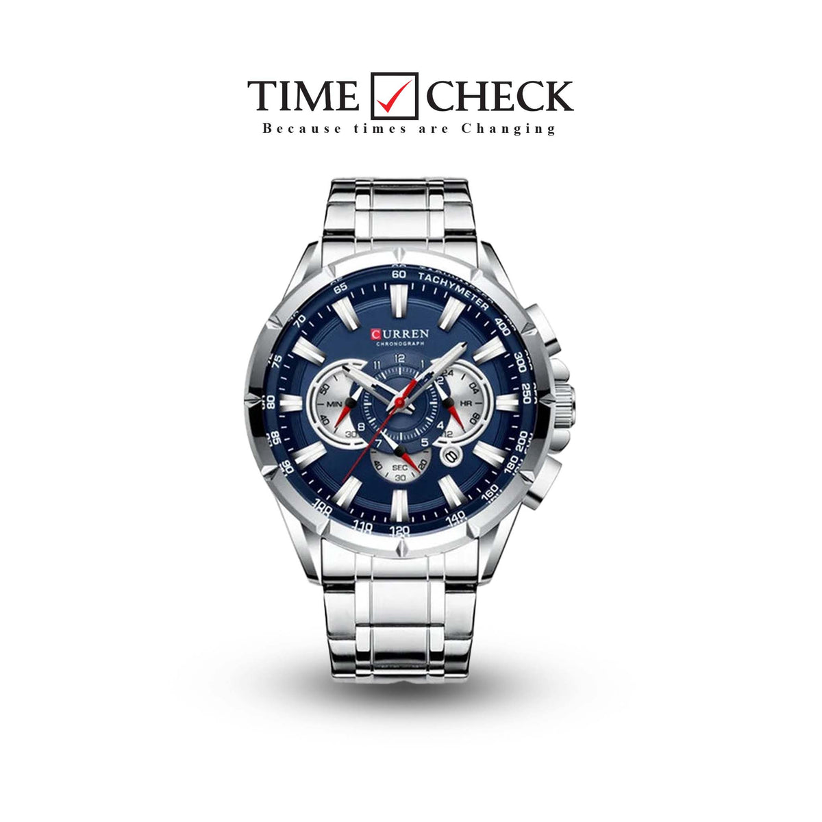 M:8363 Curren blue Dial Silver Stainless Steel Chronograph Analog Quartz Men's Watch. TIMECHECK