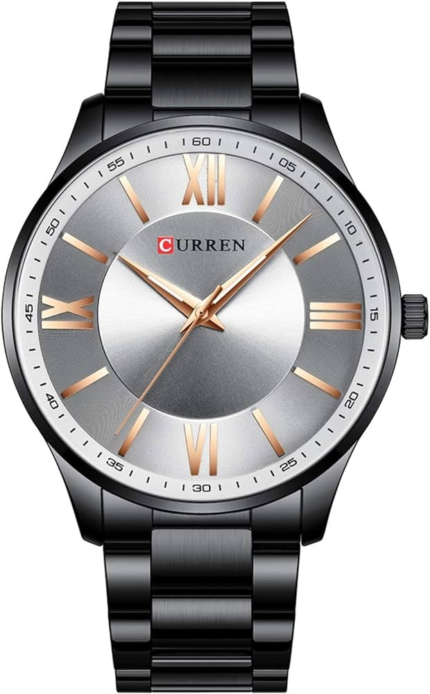 M:8383 Curren Stylish Roman Dial Gray, Black Chain Analog Quartz Men's Watch. TIMECHECK