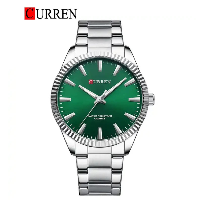 M:8425 Curren GREEN Dial Silver Steel Chain Analog Quartz Men's Watch.