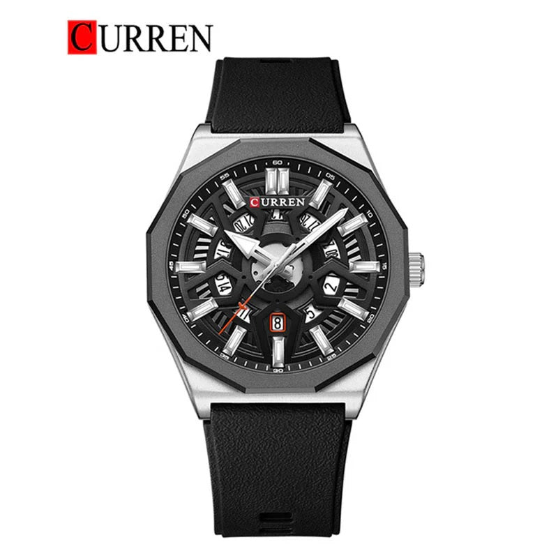 M:8437 Curren Black Dial black Silicone Strap Analog Quartz Men's Watch. TIMECHECK