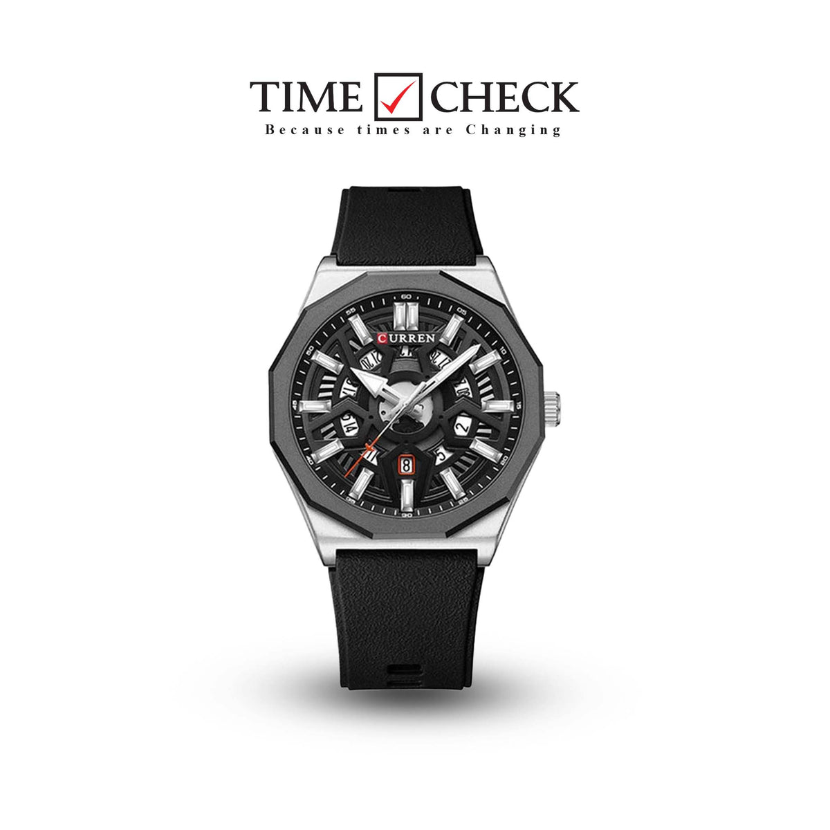 M:8437 Curren Black Dial black Silicone Strap Analog Quartz Men's Watch. TIMECHECK