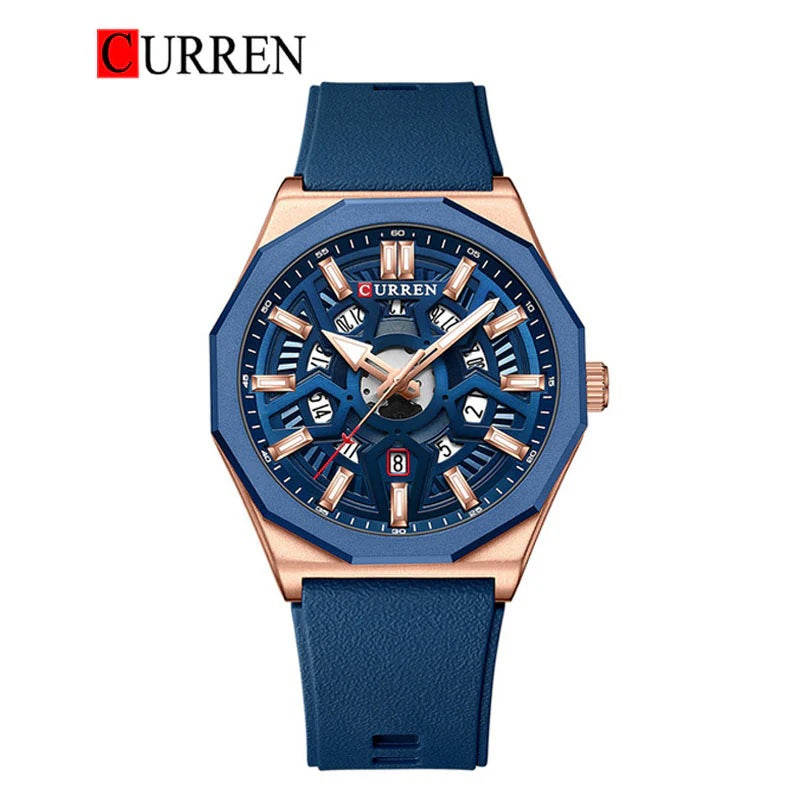 M:8437 Curren Blue Dial blue Silicone Strap Analog Quartz Men's Watch. TIMECHECK