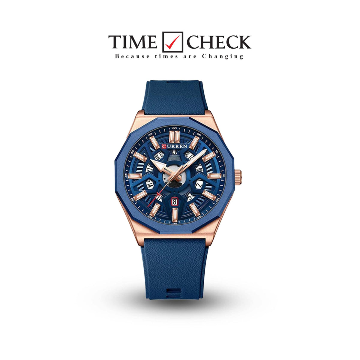 M:8437 Curren Blue Dial blue Silicone Strap Analog Quartz Men's Watch. TIMECHECK