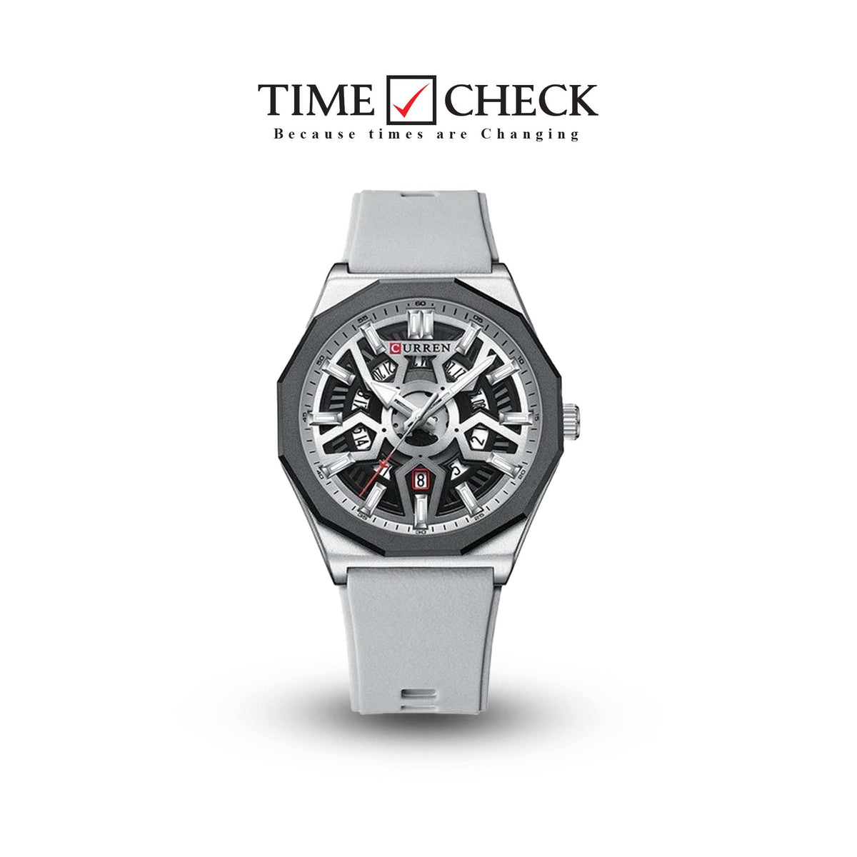 M:8437 Curren gray Dial gray Silicone Strap Analog Quartz Men's Watch. TIMECHECK