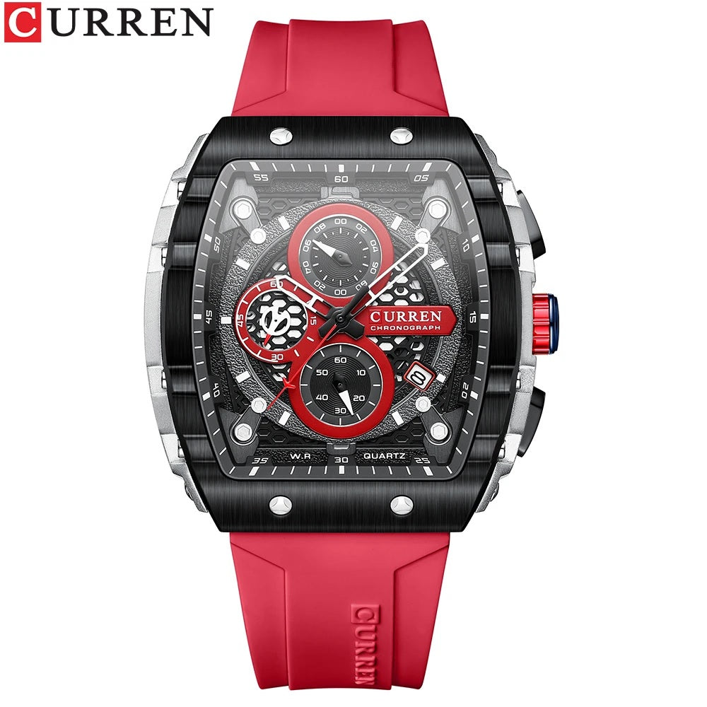 M:8442 Curren red Dial red Silicone Strap Chronograph Analog Quartz Men's Watch.