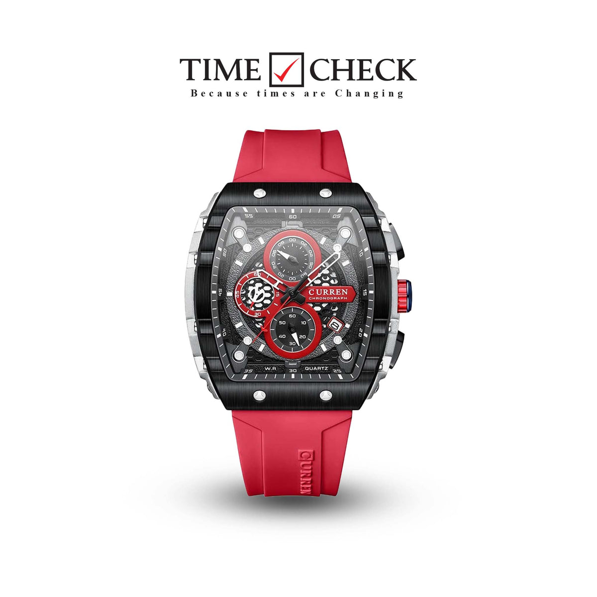 M:8442 Curren red Dial red Silicone Strap Chronograph Analog Quartz Men's Watch. TIMECHECK