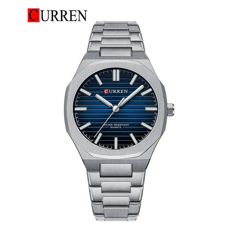 M:8456 Curren BLUE  Dial Silver Stainless Steel Chain Analog Quartz Men's Watch. TIMECHECK