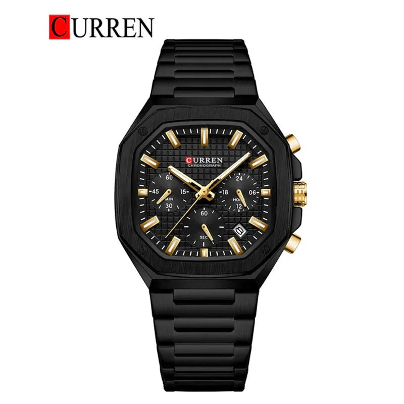 M:8459 Curren BLACK/GOLD Color Dial Fashion Quartz Clock Analog Chronograph Men's Watch. TIMECHECK