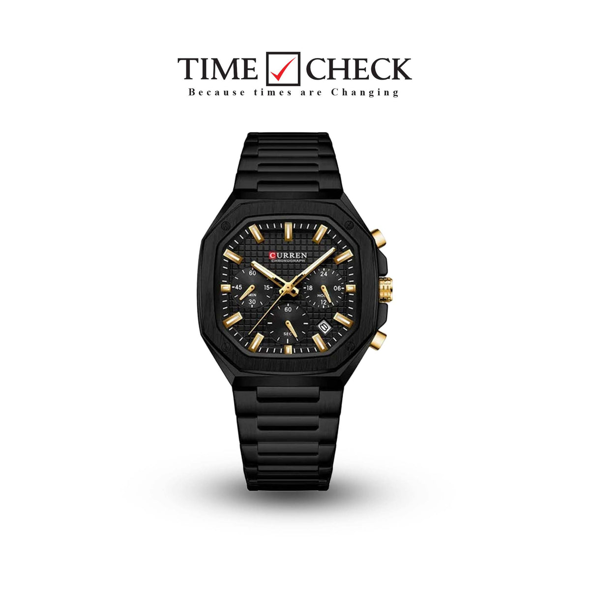 M:8459 Curren BLACK/GOLD Color Dial Fashion Quartz Clock Analog Chronograph Men's Watch. TIMECHECK