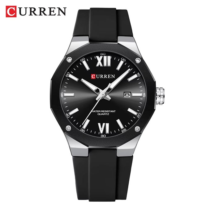 M8465 Curren black Dial silver Body black Silicone Strap Analog Quartz Men's Watch With Box & Bag