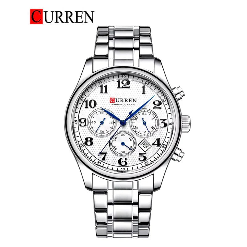 M:8466 Curren white Dial Silver Stainless Steel Chain Chronograph Quartz Men's Watch.