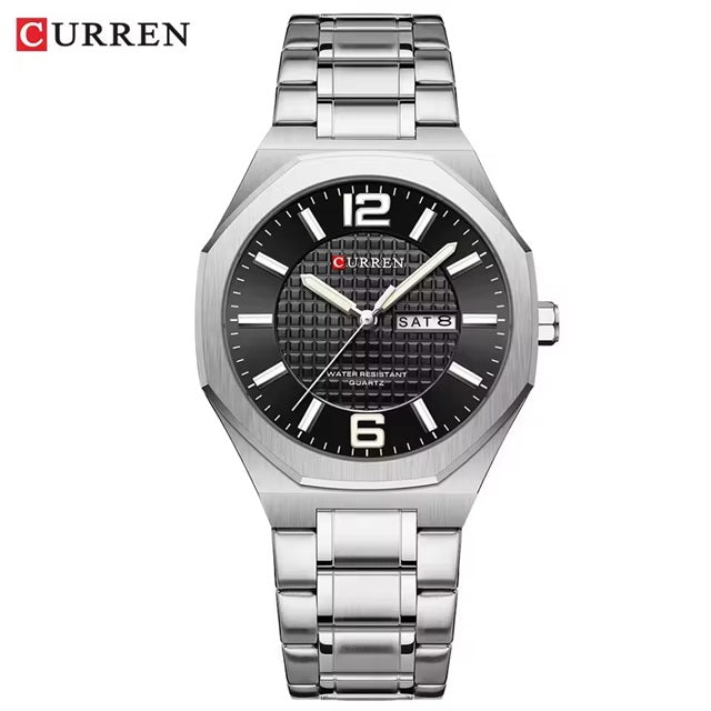 M:8476 Curren Black Dial silver Stainless Steel Day&Date Analog Quartz Men's Watch with brand {box&bag}