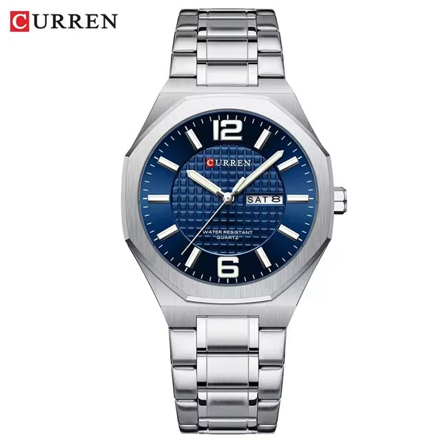 M:8476 Curren blue Dial silver Stainless Steel Day&Date Analog Quartz Men's Watch with brand {box&bag}