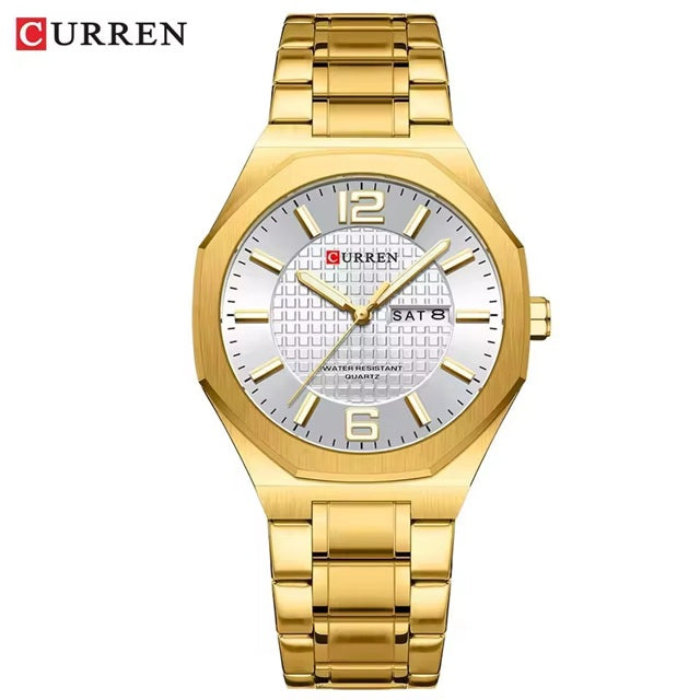 M:8476 Curren white Dial golden Stainless Steel Day&Date Analog Quartz Men's Watch with brand {box&bag}