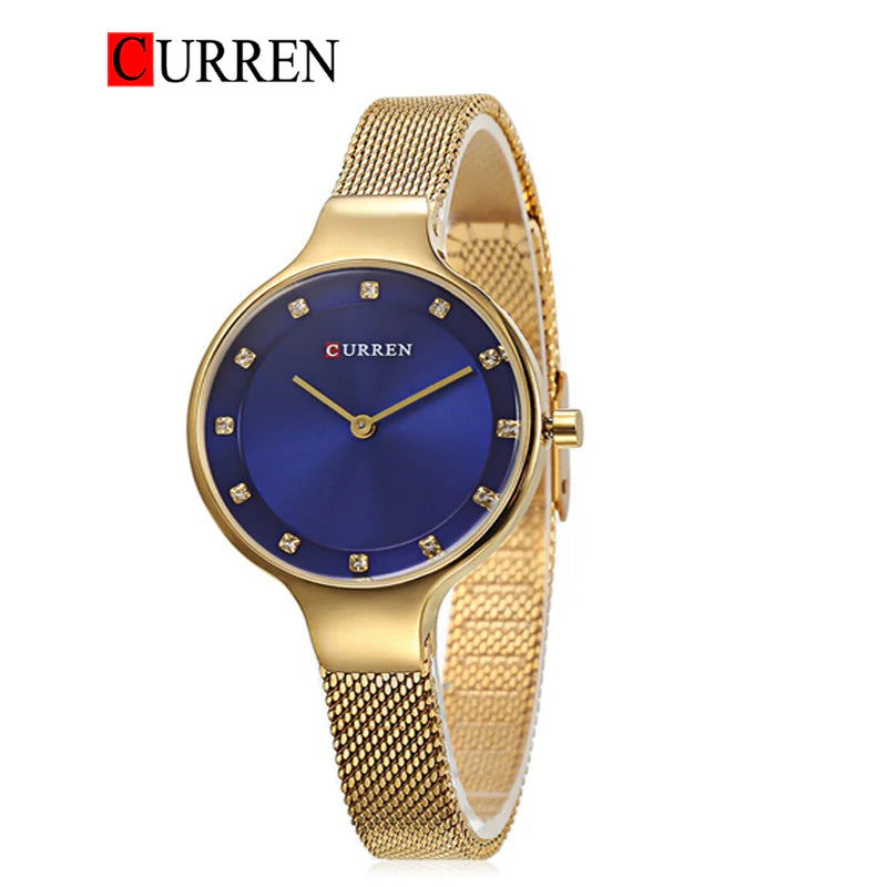 C9008L Curren Blue Dial Gold Stainless Chain Steel Analog Quartz Women's Watch