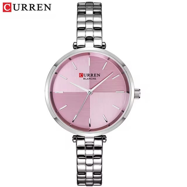 C-9043L Curren pink Dial & Silver Stainless Steel Chain Analog Quartz Women's Watch. TIMECHECK