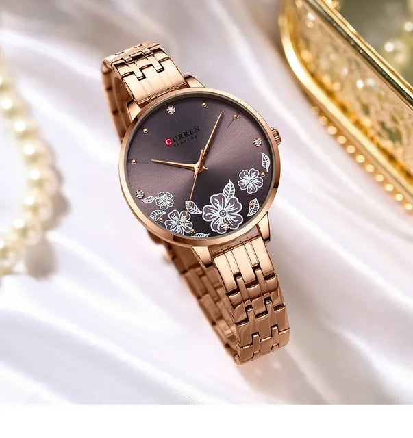 C-9068L Curren mahroon Dial & rose-gold Stainless Steel Chain Analog Quartz Women's Watch.