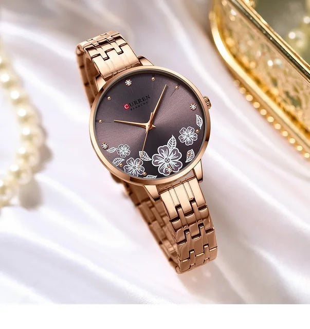 C-9068L Curren mahroon Dial & rose-gold Stainless Steel Chain Analog Quartz Women's Watch. TIMECHECK