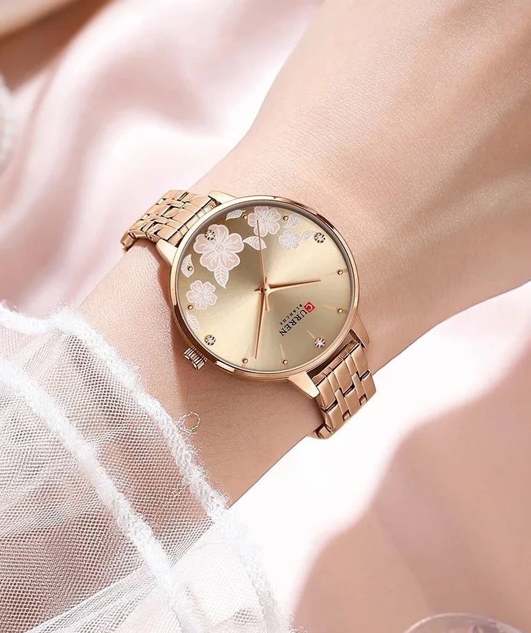 C-9068L Curren rose-gold Dial & rose-gold Stainless Steel Chain Analog Quartz Women's Watch. TIMECHECK