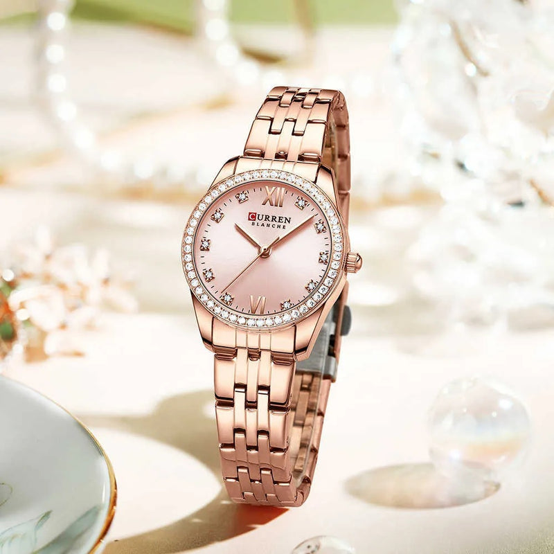 C9086L Curren PINK Dial Rose-gold Stainless Steel Chain Analog Quartz Women's Watch. TIMECHECK