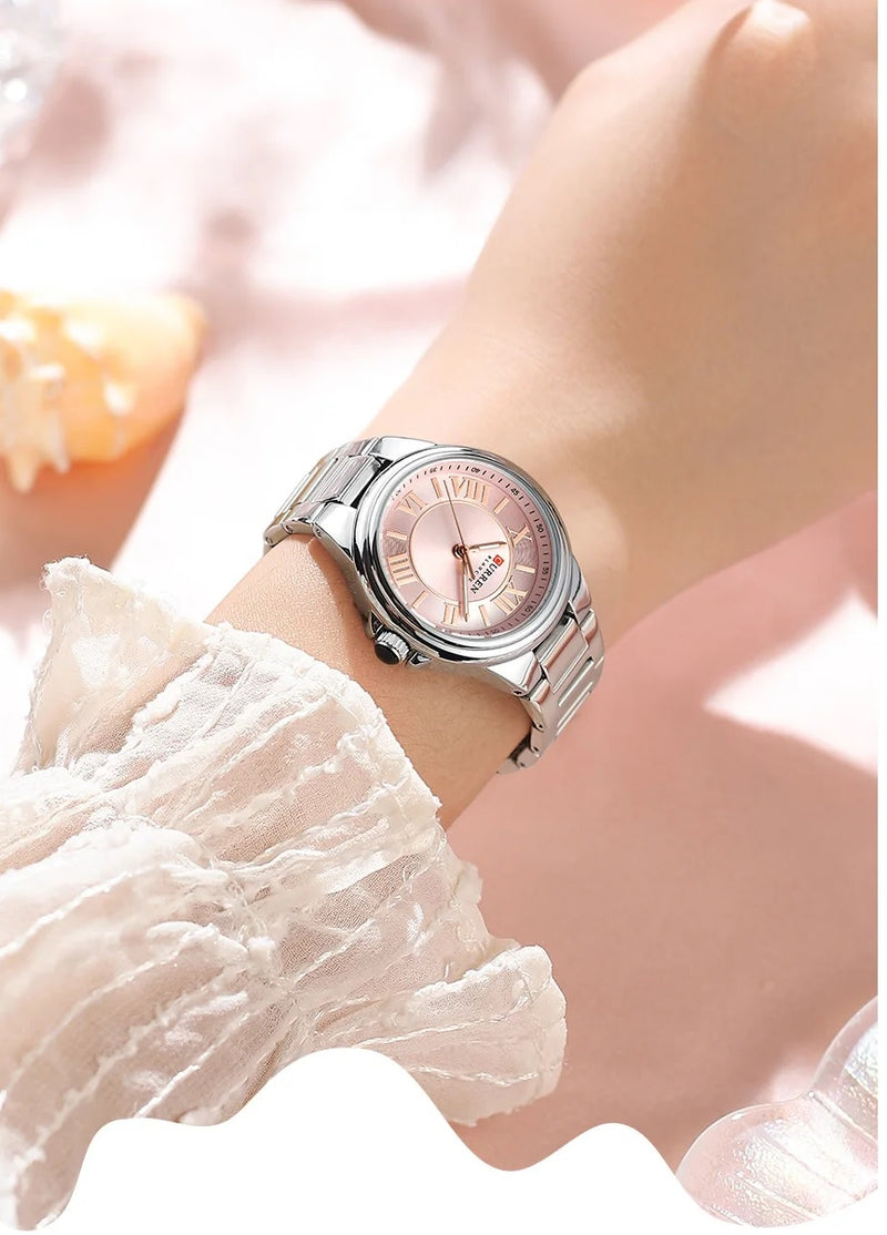 C-9091L Curren pink Dial silver Stainless Steel Analog Quartz Women's Watch. TIMECHECK