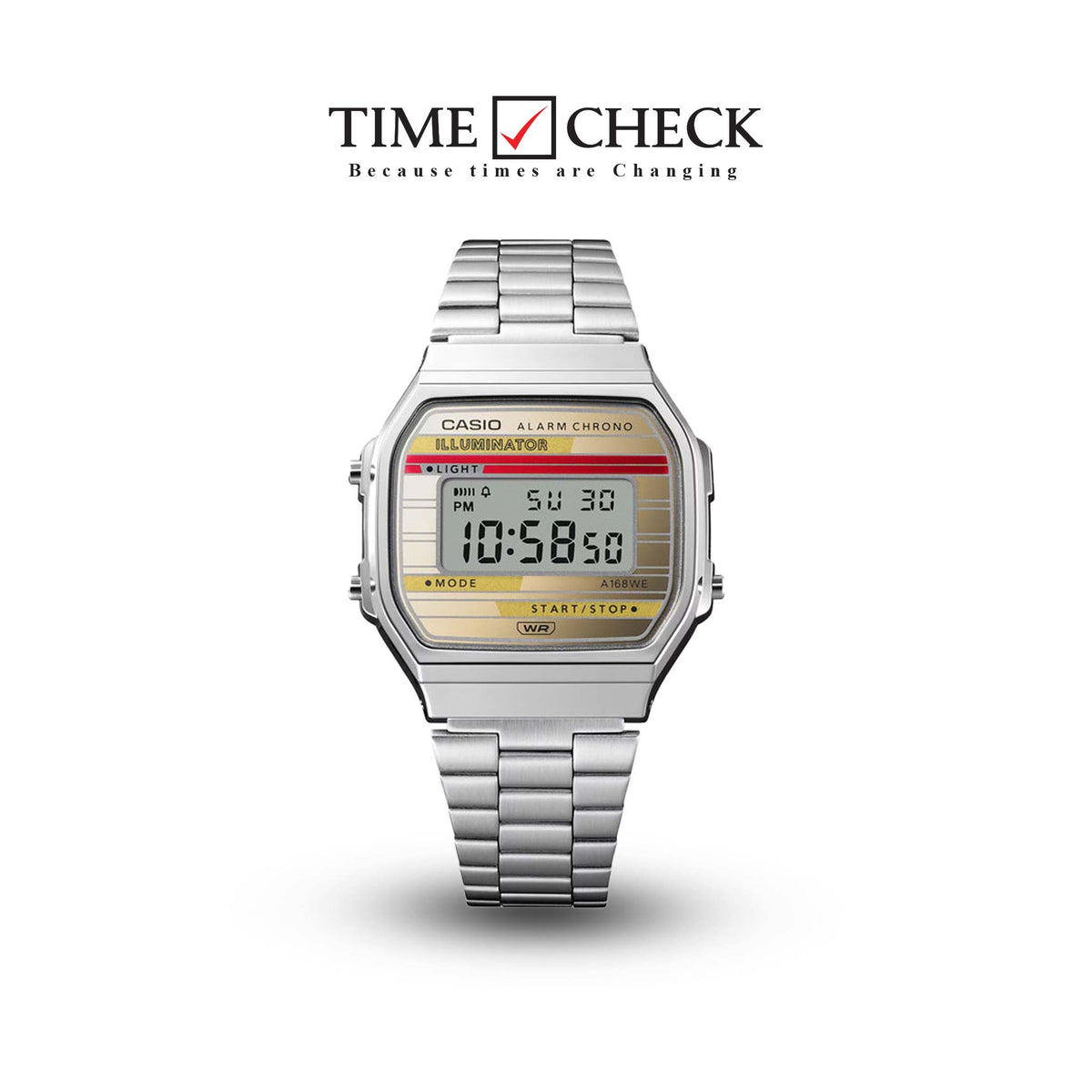 A168WEHA-9ADF Casio Vintage SILVER Metal Band Illuminator Digital Men's Watch. TIMECHECK