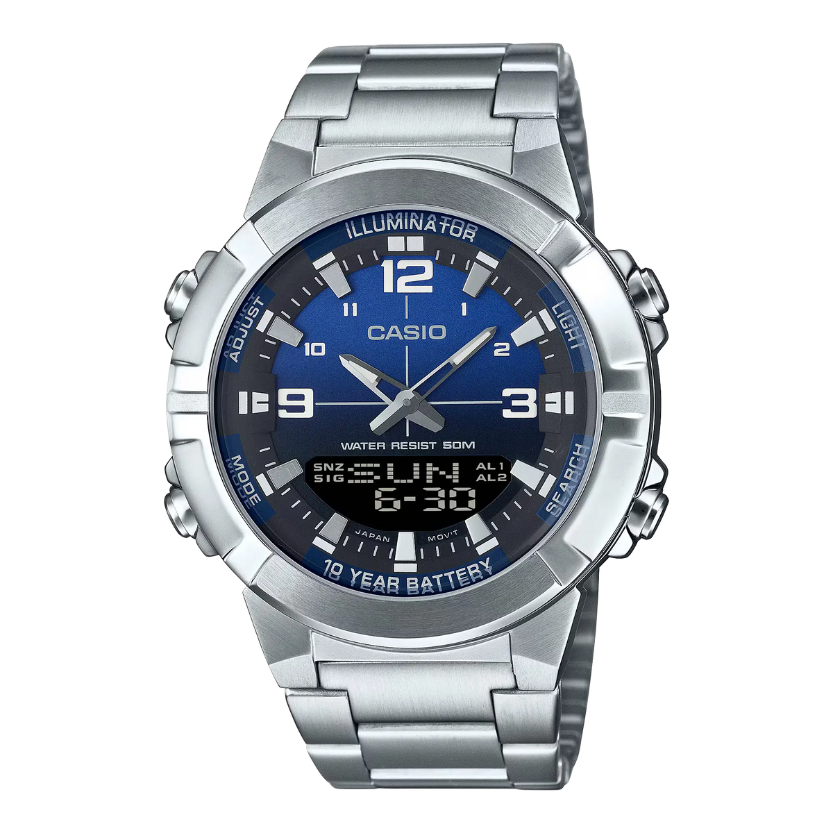 AMW-870DA-2A1VDF Casio Illuminator Analog Digital World Time Stainless Steel Men's Watch.