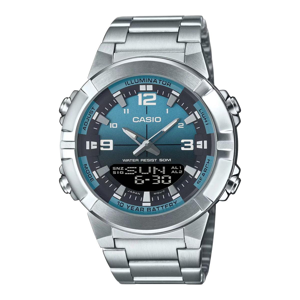 AMW-870DA-2A2VDF Casio Illuminator Analog Digital World Time Stainless Steel Men's Watch.
