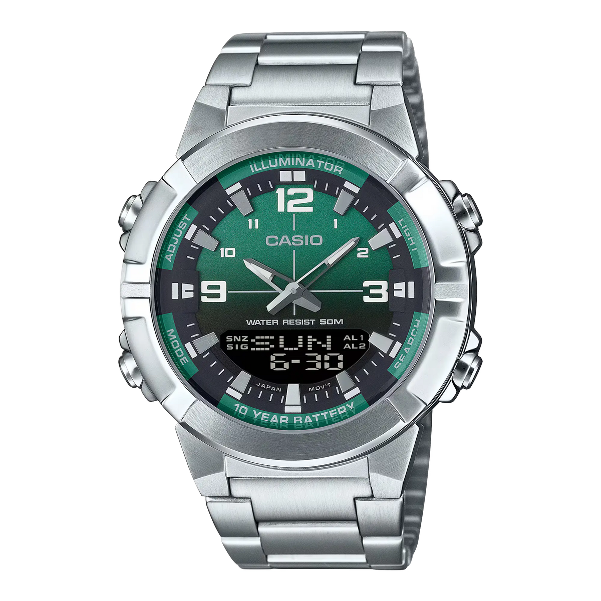 AMW-870DA-3AVDF Casio Illuminator Analog Digital World Time Stainless Steel Men's Watch.