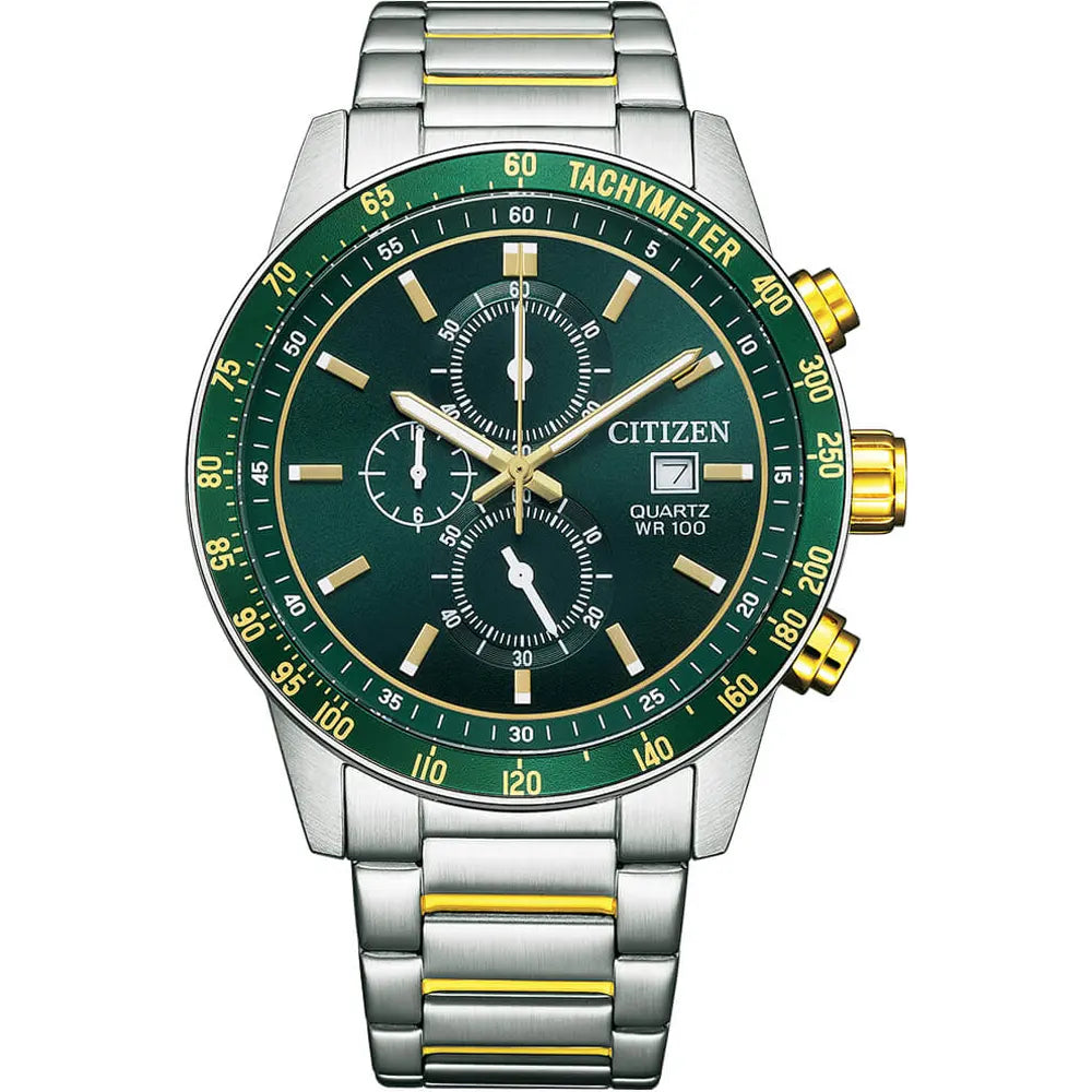 AN3689-55x Citizen Green Dial Silver Chain Watch for Men - Analog Stainless Steel Band