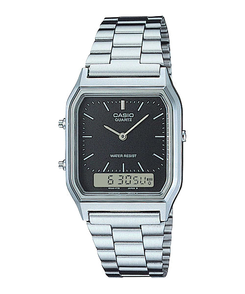 AQ-230A-1DMQ Casio Black  Dial Silver Stainless Steel Chain Analog Men's Watch.