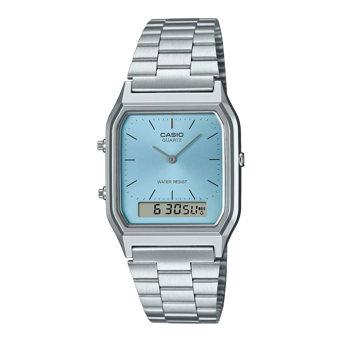 AQ-230A-2A1MQY Casio Blue Dial Silver Stainless Steel Chain Analog Men's Watch.