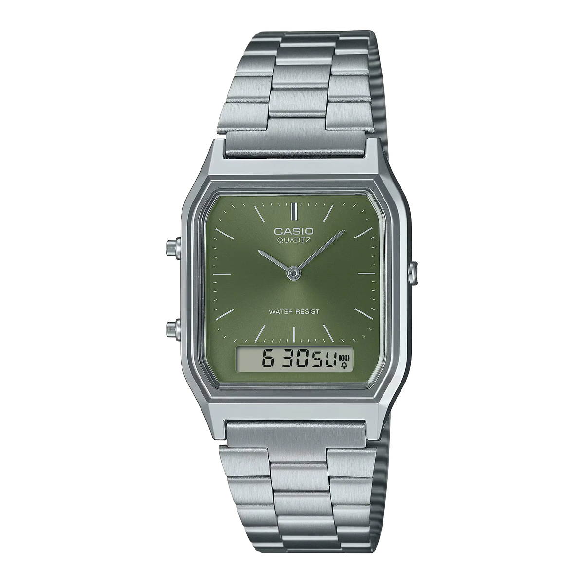 AQ-230A-3AMQYDF Casio Green Dial Silver Stainless Steel Chain Analog Men's Watch.