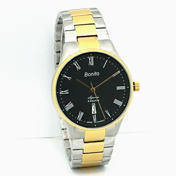 K-5126 Bonito Black Dial Silver-Gold Stainless Steel Chain Analog Quartz Men's Watch. TIMECHECK