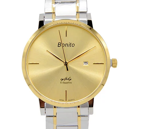 K-5137 Bonito Golden Dial Silver-Gold Stainless Steel Chain Analog Quartz Men's Watch. TIMECHECK