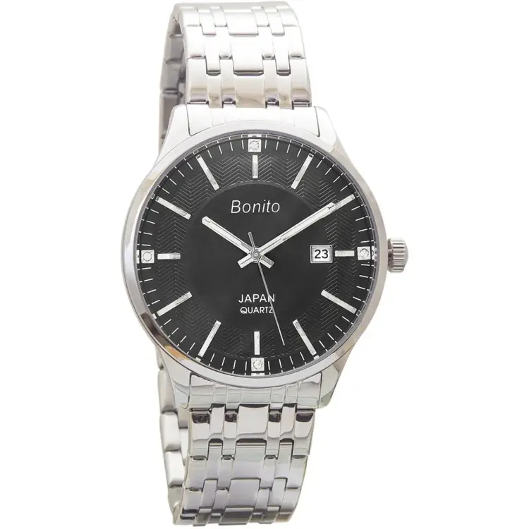 K-5146 BONITO Black Dial Stainless Steel Chain Silver Analog Quartz Men's Watch. TIMECHECK