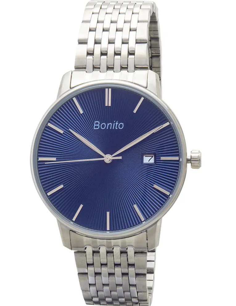 K-5150 BONITO Blue Dial  Silver Stainless Steel Chain Analog Quartz Men's Watch. TIMECHECK