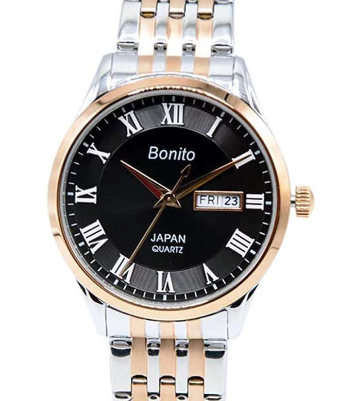 K-6124 Bonito Black Dial Silver-Gold Stainless Steel Chain Analog Quartz Men's Watch.