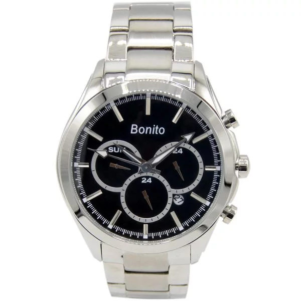 K-7007 BONITO Black Dial Stainless Steel Chain Silver Analog Quartz Men's Watch. TIMECHECK